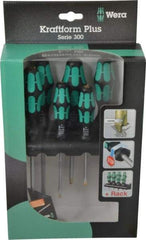 Wera - 6 Piece Phillips & Slotted Screwdriver Set - Hex with Bolster Shank, Kraftform Ergonomic Handle, Bit Sizes: Philips #1 & #2, Tip Thickness: 9/64, 5/32, 7/32 & 1/4 - Exact Tool & Supply