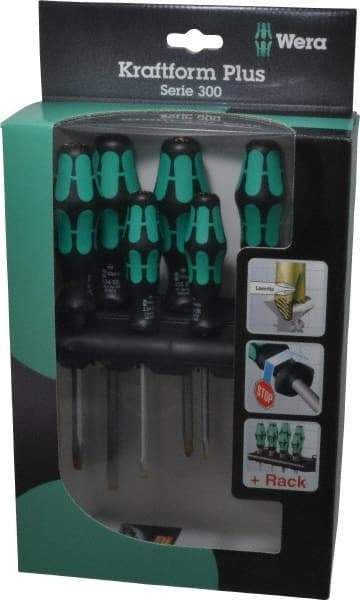 Wera - 6 Piece Pozidriv & Slotted Screwdriver Set - Hex with Bolster Shank, Kraftform Ergonomic Handle, Bit Sizes: Philips #1 & #2, Posidriv Point #1 & #2, Tip Thickness: 9/64, 5/32, 7/32 & 1/4 - Exact Tool & Supply