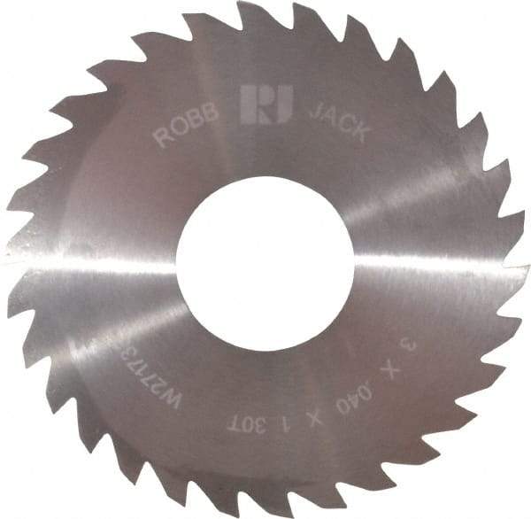 RobbJack - 3" Diam x 0.04" Blade Thickness x 1" Arbor Hole Diam, 30 Tooth Slitting and Slotting Saw - Arbor Connection, Right Hand, Uncoated, Solid Carbide, Concave Ground - Exact Tool & Supply
