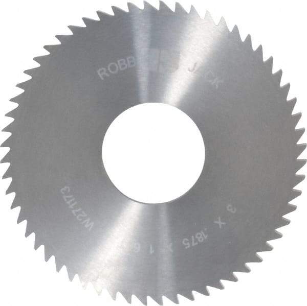 RobbJack - 3" Diam x 3/16" Blade Thickness x 1" Arbor Hole Diam, 60 Tooth Slitting and Slotting Saw - Arbor Connection, Right Hand, Uncoated, Solid Carbide, Concave Ground - Exact Tool & Supply