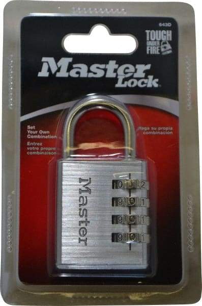 Master Lock - 1-9/16" Body Width, 7/8" Shackle Clearance, Aluminum Chrome Plated Combination Lock - 1/4" Shackle Diam, 1" Shackle Width - Exact Tool & Supply