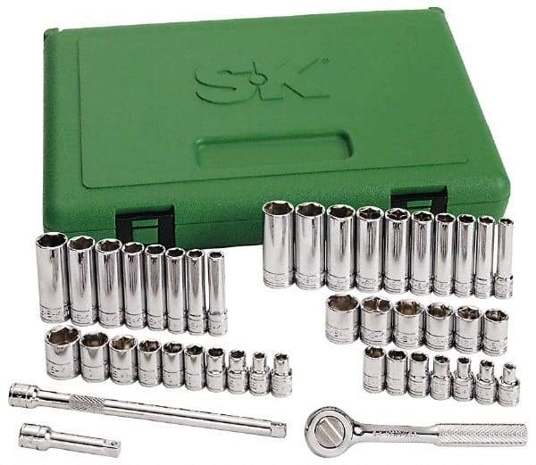 SK - 41 Piece 1/4" Drive Standard Deep Socket Set - 12 Points, 3/16 to 9/16", 5 to 14mm, Inch/Metric Measurement Standard - Exact Tool & Supply