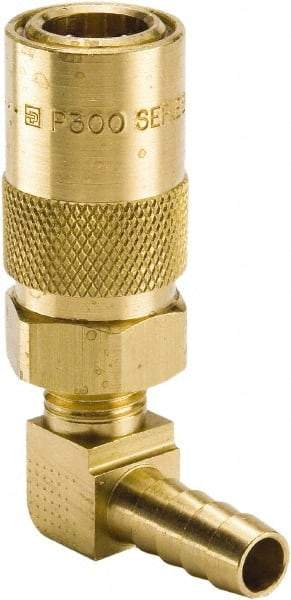 Parker - Nonthreaded Brass Hydraulic Hose Hose Barb Coupler & 90° Fitting - 200 psi, 3 GPM, 3/8" Hose Diam, Series Moldmate - Exact Tool & Supply