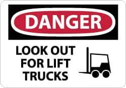 NMC - "Danger - Look Out for Lift Trucks", 10" Long x 14" Wide, Rigid Plastic Safety Sign - Rectangle, 0.05" Thick, Use for Accident Prevention - Exact Tool & Supply