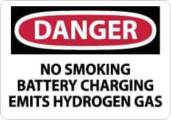 NMC - "Danger - No Smoking - Battery Charging Emits Hydrogen Gas", 10" Long x 14" Wide, Rigid Plastic Safety Sign - Rectangle, 0.05" Thick, Use for Accident Prevention - Exact Tool & Supply