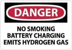 NMC - "Danger - No Smoking - Battery Charging Emits Hydrogen Gas", 10" Long x 14" Wide, Rigid Plastic Safety Sign - Rectangle, 0.05" Thick, Use for Accident Prevention - Exact Tool & Supply