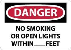 NMC - "Danger - No Smoking or Open Lights Within____feet", 10" Long x 14" Wide, Rigid Plastic Safety Sign - Rectangle, 0.05" Thick, Use for Accident Prevention - Exact Tool & Supply