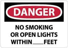 NMC - "Danger - No Smoking or Open Lights Within____feet", 10" Long x 14" Wide, Rigid Plastic Safety Sign - Rectangle, 0.05" Thick, Use for Accident Prevention - Exact Tool & Supply
