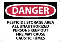 NMC - "Danger - Pesticide Storage Area - All Unauthorized Persons Keep Out - Fire May Cause Caustic Fumes", 10" Long x 14" Wide, Rigid Plastic Safety Sign - Rectangle, 0.05" Thick, Use for Security & Admittance - Exact Tool & Supply