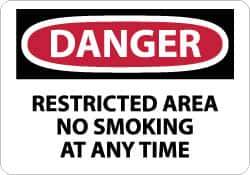 NMC - "Danger - Restricted Area - No Smoking at Any Time", 10" Long x 14" Wide, Rigid Plastic Safety Sign - Rectangle, 0.05" Thick, Use for Accident Prevention - Exact Tool & Supply