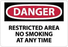 NMC - "Danger - Restricted Area - No Smoking at Any Time", 10" Long x 14" Wide, Rigid Plastic Safety Sign - Rectangle, 0.05" Thick, Use for Accident Prevention - Exact Tool & Supply