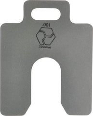 Made in USA - 20 Piece, 2 Inch Long x 2 Inch Wide x 0.001 Inch Thick, Slotted Shim Stock - Stainless Steel, 5/8 Inch Wide Slot - Exact Tool & Supply