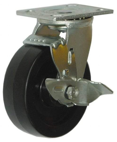 Value Collection - 5" Diam x 2" Wide x 6-1/2" OAH Top Plate Mount Swivel Caster with Brake - Phenolic, 1,000 Lb Capacity, Roller Bearing, 4 x 4-1/2" Plate - Exact Tool & Supply
