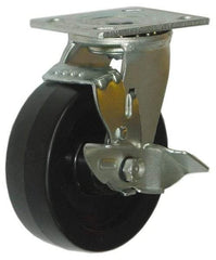 Value Collection - 5" Diam x 2" Wide x 6-1/2" OAH Top Plate Mount Swivel Caster with Brake - Phenolic, 1,000 Lb Capacity, Roller Bearing, 4 x 4-1/2" Plate - Exact Tool & Supply