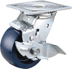 Value Collection - 4" Diam x 2" Wide x 5-5/8" OAH Top Plate Mount Swivel Caster with Brake - Polyurethane, 600 Lb Capacity, Roller Bearing, 4 x 4-1/2" Plate - Exact Tool & Supply