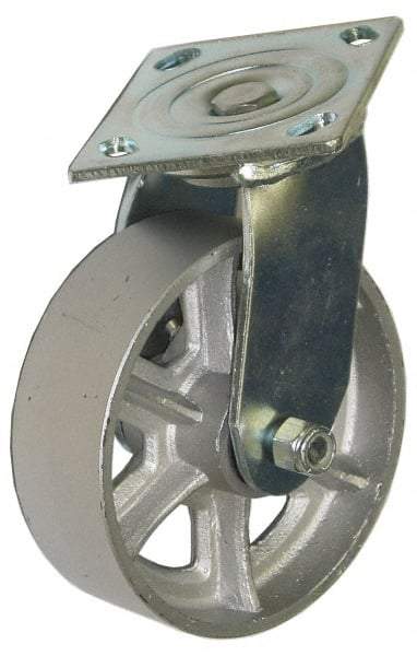 Value Collection - 8" Diam x 2" Wide x 9-1/2" OAH Top Plate Mount Swivel Caster - Cast Iron, 1,200 Lb Capacity, Roller Bearing, 4-1/2 x 6-1/4" Plate - Exact Tool & Supply