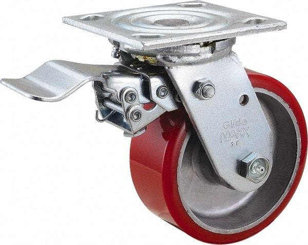 Value Collection - 5" Diam x 2" Wide x 6-1/2" OAH Top Plate Mount Swivel Caster with Brake - Polyurethane, 1,250 Lb Capacity, Roller Bearing, 4 x 4-1/2" Plate - Exact Tool & Supply