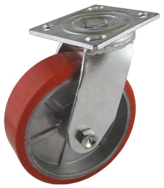 Value Collection - 5" Diam x 2" Wide x 6-1/2" OAH Top Plate Mount Swivel Caster - Polyurethane, 1,250 Lb Capacity, Roller Bearing, 4 x 4-1/2" Plate - Exact Tool & Supply