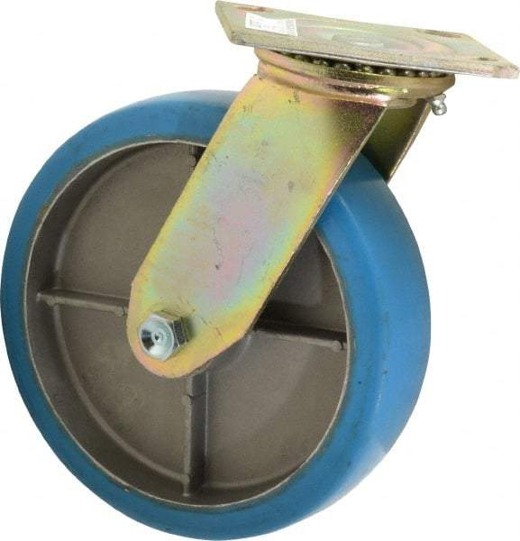 Value Collection - 8" Diam x 2" Wide x 9-1/2" OAH Top Plate Mount Swivel Caster - Polyurethane, 1,100 Lb Capacity, Roller Bearing, 4 x 4-1/2" Plate - Exact Tool & Supply
