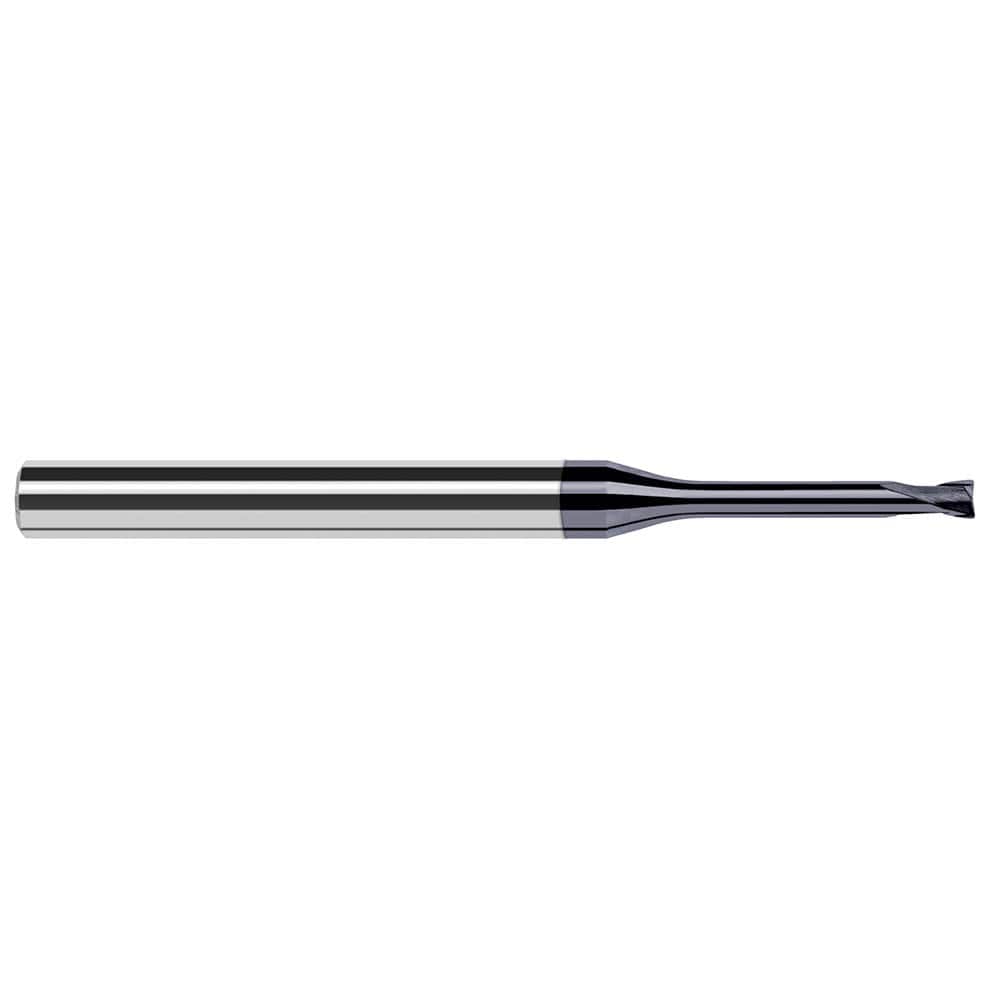 Corner Radius End Mill: 0.047″ Dia, 0.038″ LOC, 0.008″ Radius, 2 Flutes, Solid Carbide 2-1/2″ OAL, 1/4″ Shank Dia, 20 ° Helix, AlTiN Coated, Corner Radius End