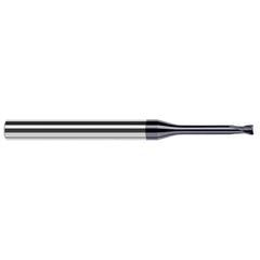 Corner Radius End Mill: 0.047″ Dia, 0.038″ LOC, 0.008″ Radius, 2 Flutes, Solid Carbide 2-1/2″ OAL, 1/4″ Shank Dia, 20 ° Helix, AlTiN Coated, Corner Radius End