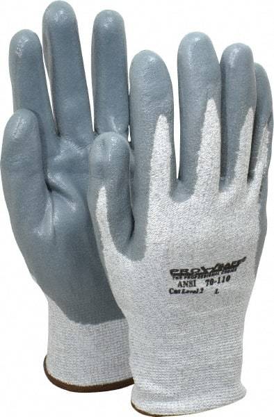 PRO-SAFE - Size L (9), ANSI Cut Lvl A2, Puncture Lvl 3, Abrasion Lvl 4, Nitrile Coated HPPE Fiber Cut Resistant Gloves - 9" Long, Palm & Fingers Coated, HPPE Fiber Lining, Knit Wrist, Black and Gray w/ Gray Coating, Paired - Exact Tool & Supply