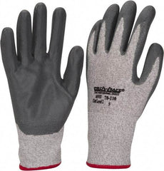 PRO-SAFE - Size S (7), ANSI Cut Lvl A2, Puncture Lvl 3, Abrasion Lvl 4, Nitrile Coated HPPE Fiber Cut Resistant Gloves - 9" Long, Palm & Fingers Coated, HPPE Fiber Lining, Knit Wrist, Black and Gray w/ Gray Coating, Paired - Exact Tool & Supply