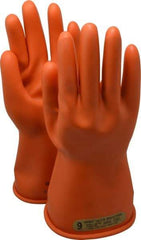 Novax - Class 0, Size L (9), 11" Long, Rubber Lineman's Glove - 500 AC Max Use Voltage, 2,500 AC Test Voltage, Orange, ANSI/ASTM D120, NFPA 70E - Exact Tool & Supply