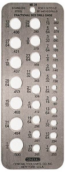 General - 1/16 Inch to 1/2 Inch Hole Size Drill Gage - 6-1/2 Inch Long, 2-1/2 Inch Wide, 29 Holes - Exact Tool & Supply
