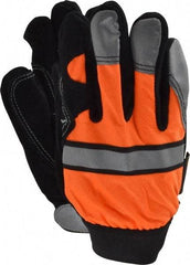 MCR Safety - Size L (9) Grain Cowhide General Protection Work Gloves - For Work & Driver, Uncoated, Hook & Loop Cuff, Full Fingered, White/Orange, Paired - Exact Tool & Supply