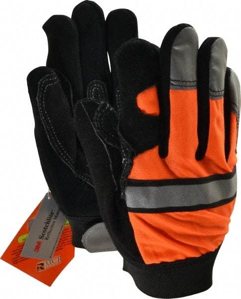 MCR Safety - Size M (8) Grain Cowhide General Protection Work Gloves - For Work & Driver, Uncoated, Hook & Loop Cuff, Full Fingered, White/Orange, Paired - Exact Tool & Supply