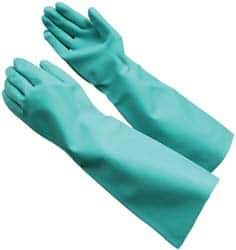 PRO-SAFE - Size L (9), 17" Long, 22 mil Thick, Nitrile Chemical Resistant Gloves - Textured Finish, Straight Cuff, ANSI Abrasion Level 4, ANSI Cut Level 0, ANSI Puncture Level 2, Green, FDA Approved - Exact Tool & Supply