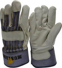 MCR Safety - Size L (9) Grain Cowhide General Protection Work Gloves - For Work & Driver, Uncoated, Safety Cuff, Full Fingered, White/Blue/Black/Yellow, Paired - Exact Tool & Supply