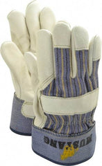 MCR Safety - Size XL (10) Grain Cowhide General Protection Work Gloves - For Work & Driver, Uncoated, Safety Cuff, Full Fingered, White/Blue/Black/Yellow, Paired - Exact Tool & Supply