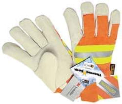 MCR Safety - Size L (9) Grain Pigskin General Protection Work Gloves - For Work & Driver, Uncoated, Knit Wrist Cuff, Full Fingered, Cream/Yellow/Red/Orange, Paired - Exact Tool & Supply