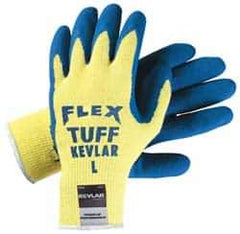 MCR Safety - Size M (8), Latex Coated Cut Resistant Gloves - 11" Long, Palm & Fingers Coated, Kevlar Lining, Knit Wrist, Yellow/Blue, Paired - Exact Tool & Supply