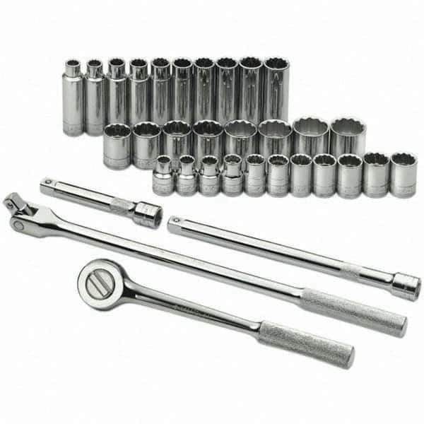 SK - 1/2" Drive Standard Deep Socket Set - 10 to 28mm, Metric Measurement Standard - Exact Tool & Supply