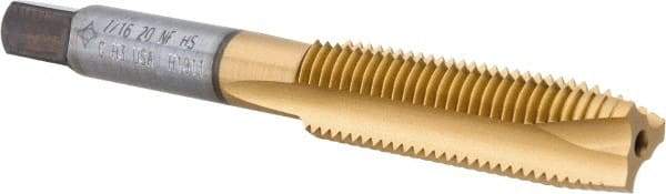 Cleveland - 7/16-20 UNF, 3 Flute, TiN Finish, High Speed Steel Spiral Point Tap - Plug Chamfer, Right Hand Thread, 3-5/32" OAL, 0.88" Thread Length, Series 1011TN - Exact Tool & Supply