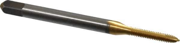 Cleveland - #2-56 UNC, 2 Flute, TiN Finish, High Speed Steel Spiral Point Tap - Plug Chamfer, Right Hand Thread, 44.45mm OAL, 0.44" Thread Length, 2B Class of Fit, Series 1011TN - Exact Tool & Supply