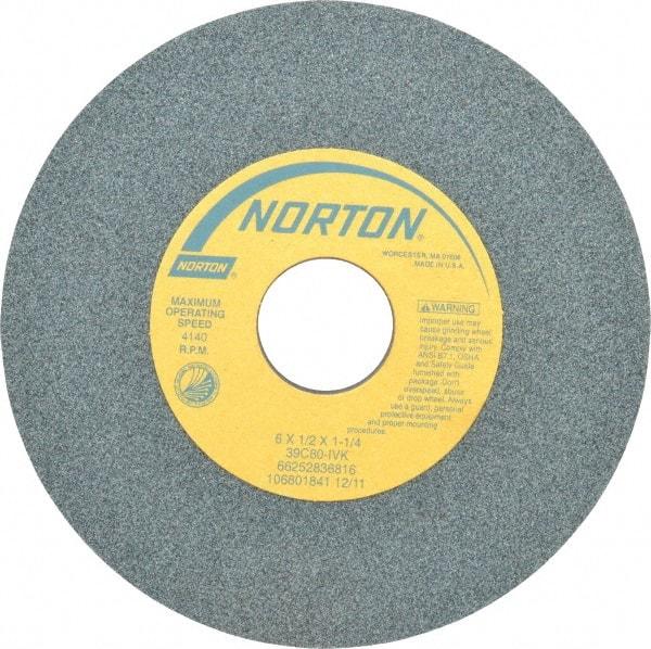 Norton - 6" Diam x 1-1/4" Hole x 1/2" Thick, I Hardness, 80 Grit Surface Grinding Wheel - Silicon Carbide, Type 1, Medium Grade, 4,140 Max RPM, Vitrified Bond, No Recess - Exact Tool & Supply