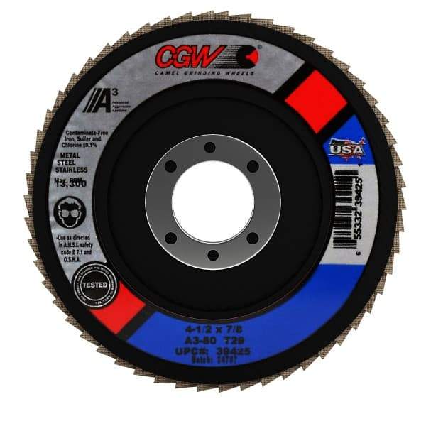 Camel Grinding Wheels - 80 Grit, 4-1/2" Disc Diam, 7/8" Center Hole, Type 29 Aluminum Oxide Flap Disc - 13,300 Max RPM, Polyester Backing, Arbor Attaching System, Coated - Exact Tool & Supply