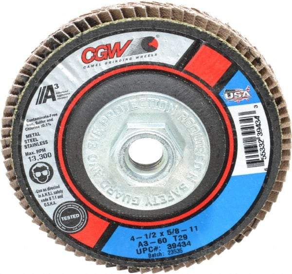 Camel Grinding Wheels - 60 Grit, 4-1/2" Disc Diam, 5/8-11 Center Hole, Type 29 Aluminum Oxide Flap Disc - 13,300 Max RPM, Polyester Backing, Arbor Attaching System, Coated - Exact Tool & Supply