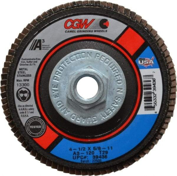 Camel Grinding Wheels - 120 Grit, 4-1/2" Disc Diam, 5/8-11 Center Hole, Type 29 Aluminum Oxide Flap Disc - 13,300 Max RPM, Polyester Backing, Arbor Attaching System, Coated - Exact Tool & Supply