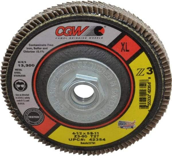 Camel Grinding Wheels - 60 Grit, 4-1/2" Disc Diam, 5/8-11 Center Hole, Type 27 Zirconia Alumina Flap Disc - 13,300 Max RPM, Poly Cotton Backing, Arbor Attaching System, Coated - Exact Tool & Supply