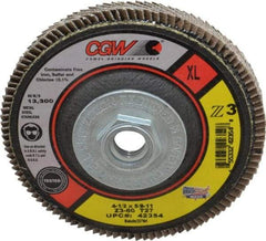 Camel Grinding Wheels - 60 Grit, 4-1/2" Disc Diam, 5/8-11 Center Hole, Type 27 Zirconia Alumina Flap Disc - 13,300 Max RPM, Poly Cotton Backing, Arbor Attaching System, Coated - Exact Tool & Supply