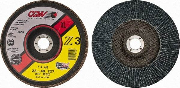 Camel Grinding Wheels - 40 Grit, 7" Disc Diam, 7/8" Center Hole, Type 27 Zirconia Alumina Flap Disc - 8,600 Max RPM, Poly Cotton Backing, Arbor Attaching System, Coated - Exact Tool & Supply