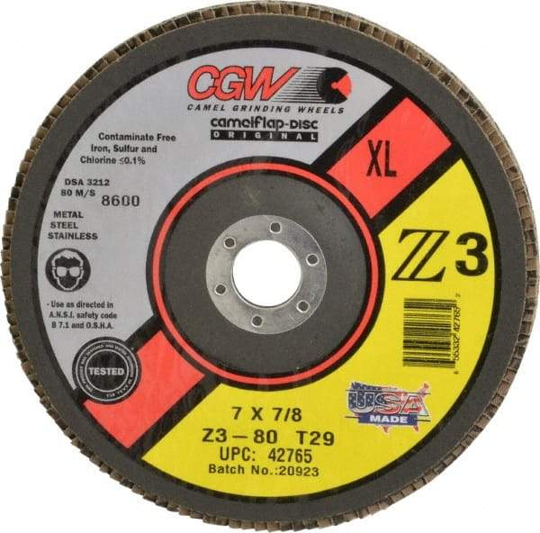 Camel Grinding Wheels - 80 Grit, 7" Disc Diam, 5/8-11 Center Hole, Type 29 Zirconia Alumina Flap Disc - 8,600 Max RPM, Poly Cotton Backing, Arbor Attaching System, Coated - Exact Tool & Supply