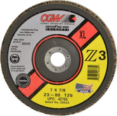 Camel Grinding Wheels - 80 Grit, 7" Disc Diam, 5/8-11 Center Hole, Type 29 Zirconia Alumina Flap Disc - 8,600 Max RPM, Poly Cotton Backing, Arbor Attaching System, Coated - Exact Tool & Supply