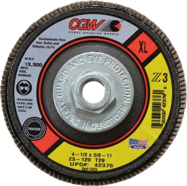Camel Grinding Wheels - 120 Grit, 4-1/2" Disc Diam, 5/8-11 Center Hole, Type 29 Zirconia Alumina Flap Disc - 13,300 Max RPM, Poly Cotton Backing, Arbor Attaching System, Coated - Exact Tool & Supply