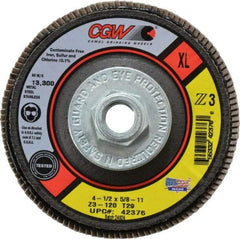 Camel Grinding Wheels - 120 Grit, 4-1/2" Disc Diam, 5/8-11 Center Hole, Type 29 Zirconia Alumina Flap Disc - 13,300 Max RPM, Poly Cotton Backing, Arbor Attaching System, Coated - Exact Tool & Supply